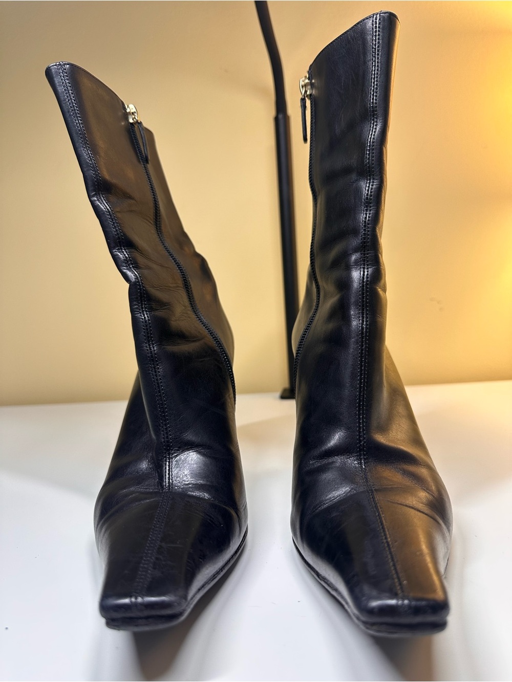 Gucci Black Leather Mid-Calf Square-Toe Heeled Boots with Side Zip